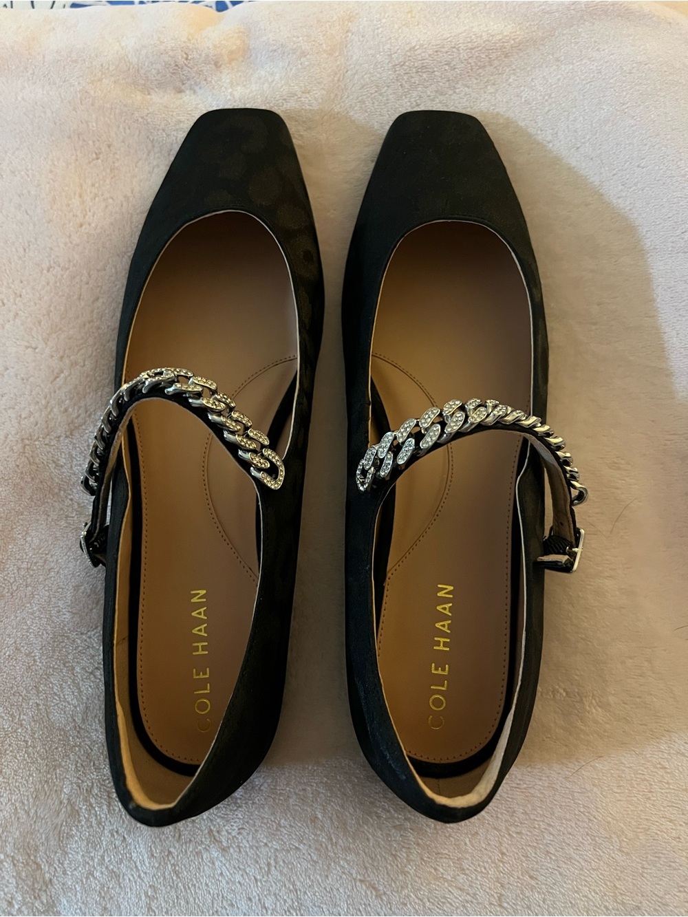 Cole Haan Black Square-Toe Mary Jane Flats with Crystal Chain